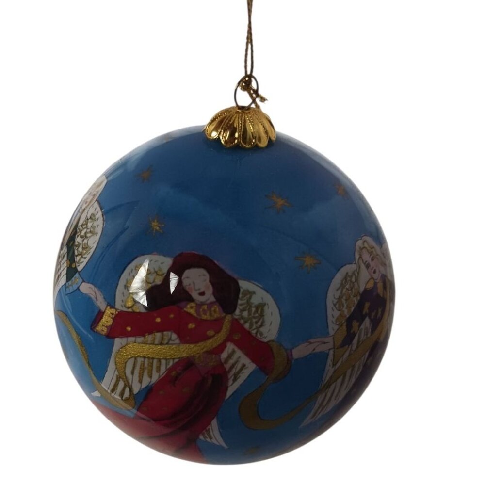 Li BIEN Hand-Painted Glass Ornament Angels Design & Red Velvet Gift Box 4x4
